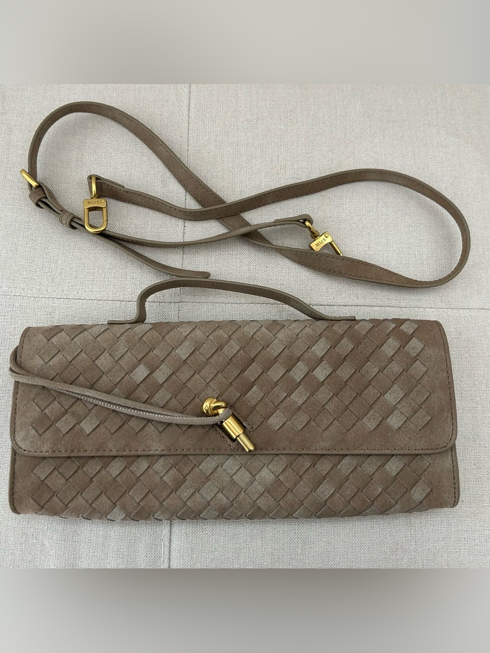 Taupe Woven Leather Crossbody Clutch